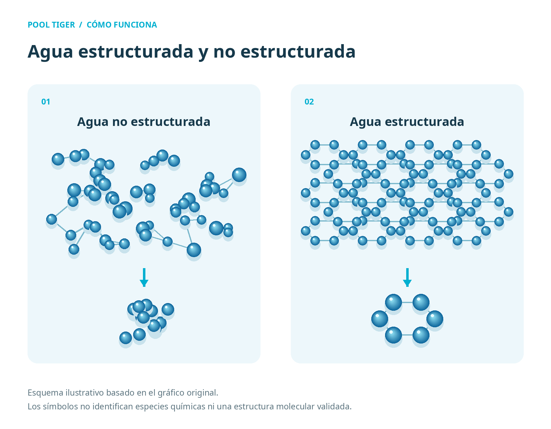 Esquema ilustrativo de agua estructurada y no estructurada, sin identificación química de los símbolos